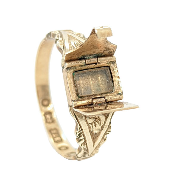 9ct gold engraved double hinged picture ring fully open from Sally Thorntons jewellery blog on historical rings at Thornton Jeweller Kettering Northampton