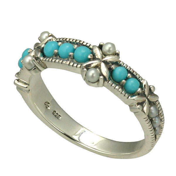 Contemporary Silver Marcasite Pearl and Turquoise Ring £97 from Sally Thorntons jewellery blog on historical rings at Thornton Jeweller Kettering Northampton