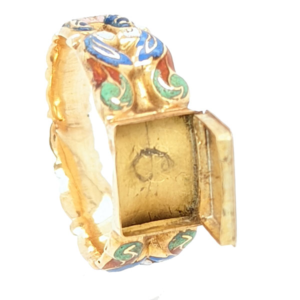 Enamelled gold concealed hinged picture ring opened from Sally Thorntons jewellery blog on historical rings at Thornton Jeweller Kettering Northampton