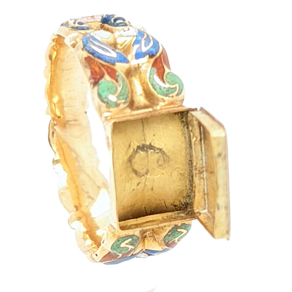 Enamelled gold  concealed hinged picture ring opened from Sally Thorntons jewellery blog on historical rings at Thornton Jeweller Kettering Northampton