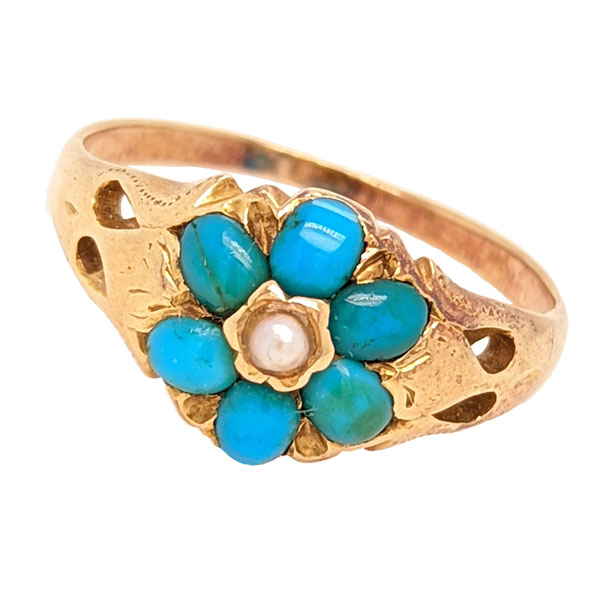 Victorian gold turquoise and pearl forget me not ring from Sally Thorntons jewellery blog on historical rings at Thornton Jeweller Kettering Northampton