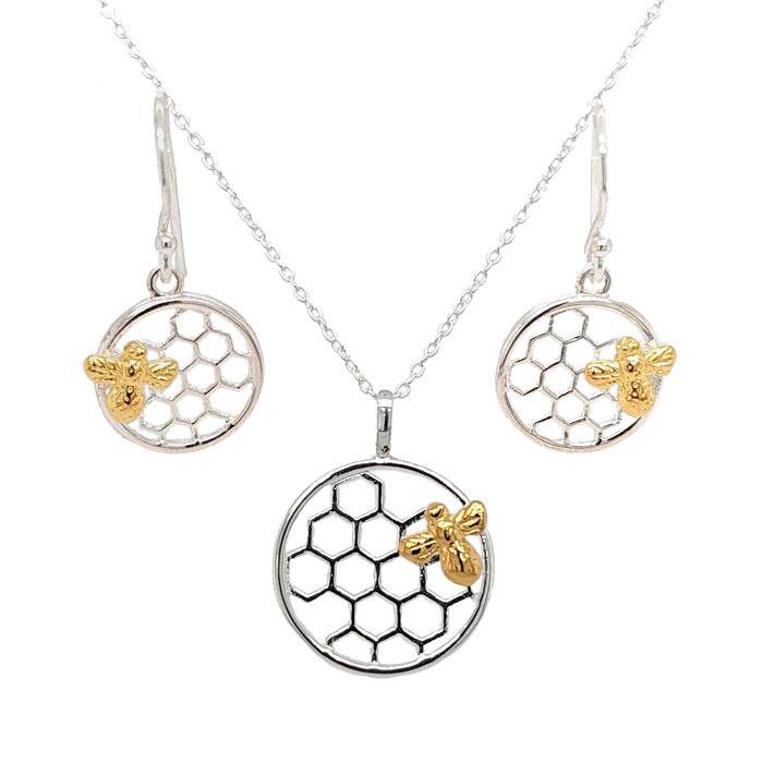 Gold plated silver bee and honeycomb pendant £48 and earrings £55 from Sally Thorntons Jewellery blog from AA Thornton jeweller Kettering Northampton 