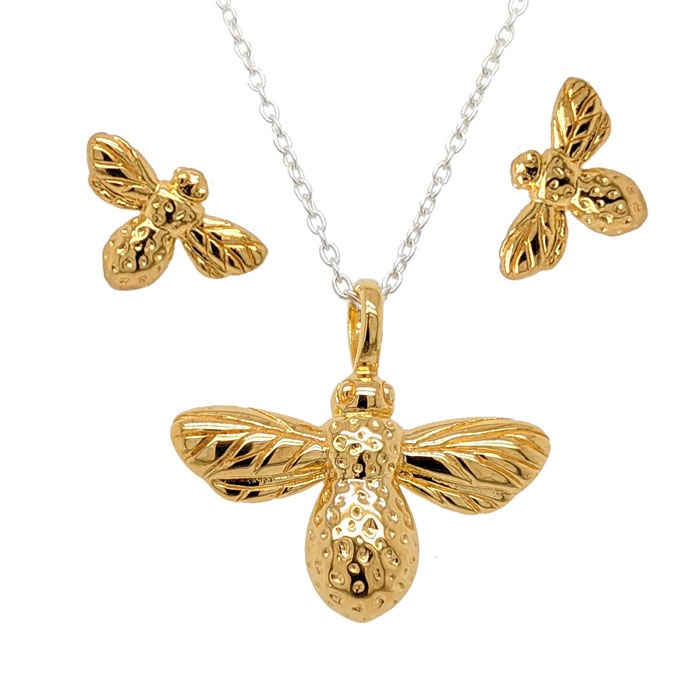 Gold plated silver bumble bee necklace £55 and stud earrings £33 from Sally Thorntons Jewellery blog from AA Thornton jeweller Kettering Northampton 