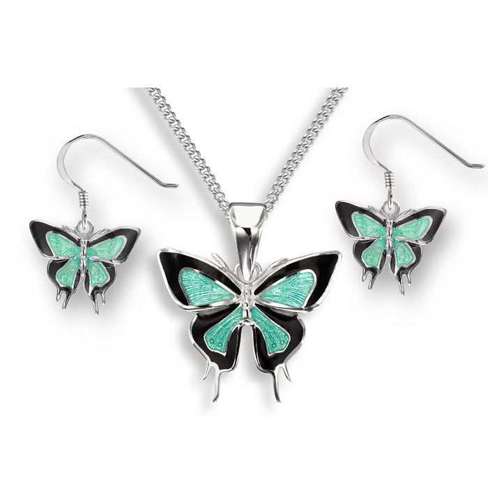 Silver and green vitreous enamel butterfly necklace £127 and earrings £93 from Sally Thorntons Jewellery blog from AA Thornton jeweller Kettering Northampton