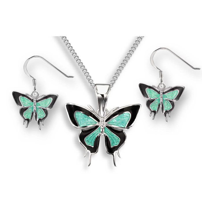 Silver and green vitreous enamel butterfly necklace £127 and earrings £93 from Sally Thorntons Jewellery blog from AA Thornton jeweller Kettering Northampton 