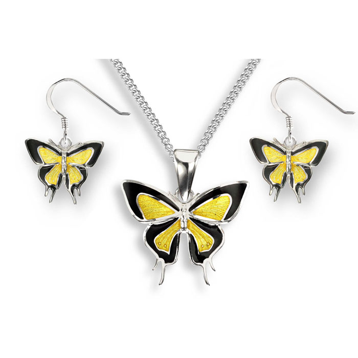 Silver and yellow vitreous enamel butterfly necklace £127 and earrings £93 from Sally Thorntons Jewellery blog from AA Thornton jeweller Kettering Northampton 