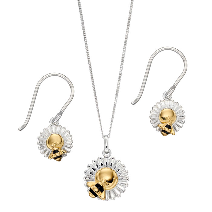 Silver gold plated Bee on flower-pendant £44 and drop earrings £42 from Sally Thorntons Jewellery blog from AA Thornton jeweller Kettering Northampton