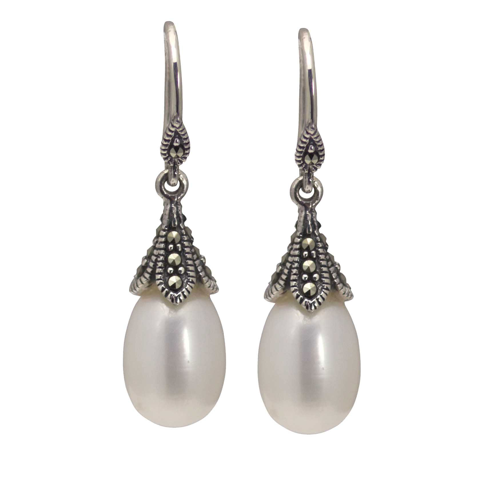 Silver marcasite fresh water pearl drop earrings £65from Blog by Sally Thornton of Thorntons Jeweller Kettering on earrings